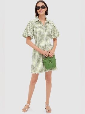 TUCKERNUCK Embroidered Floral Green Gingham Mini Delaney Dress NWT